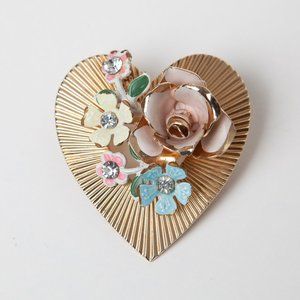 Vintage Floral Heart Brooch Heart Flower Pin with Rhinestones